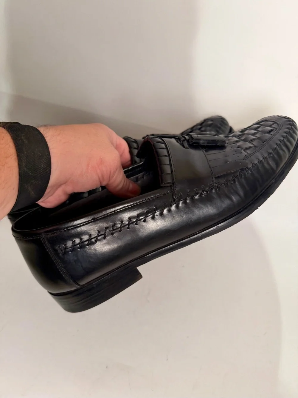 FLORSHEIM Black Leather Dress Shoes Woven Front Vamp Tassel Loafers Sz. 10.5 D